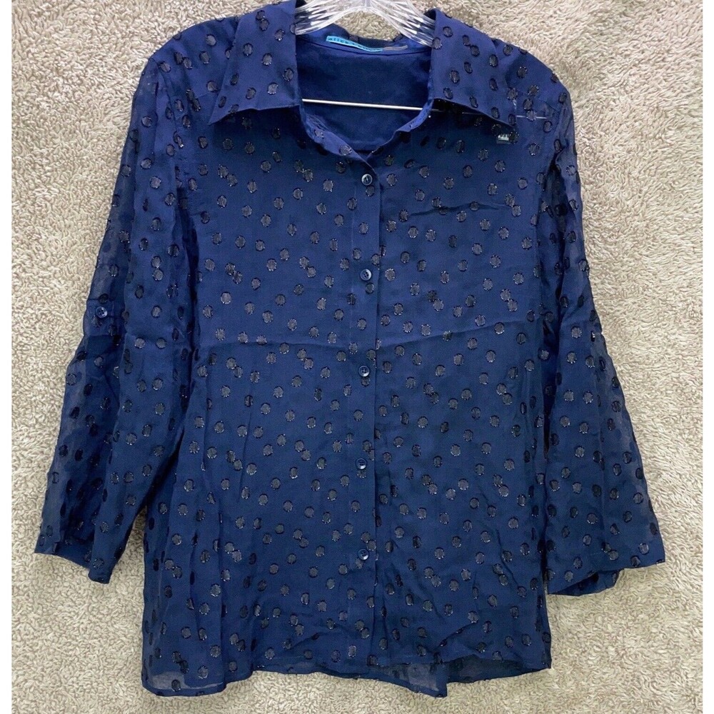 Alice + Olivia Navy Blue  Circles Shiny Dots Roll Tab Sleeve Button Shirt Top L